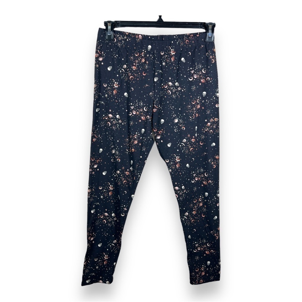 NEW LARGE JUNIORS BLACK SKULL SPACE LEGGINGS ANKLE LENGTH STRETCH PANTS PULL ON